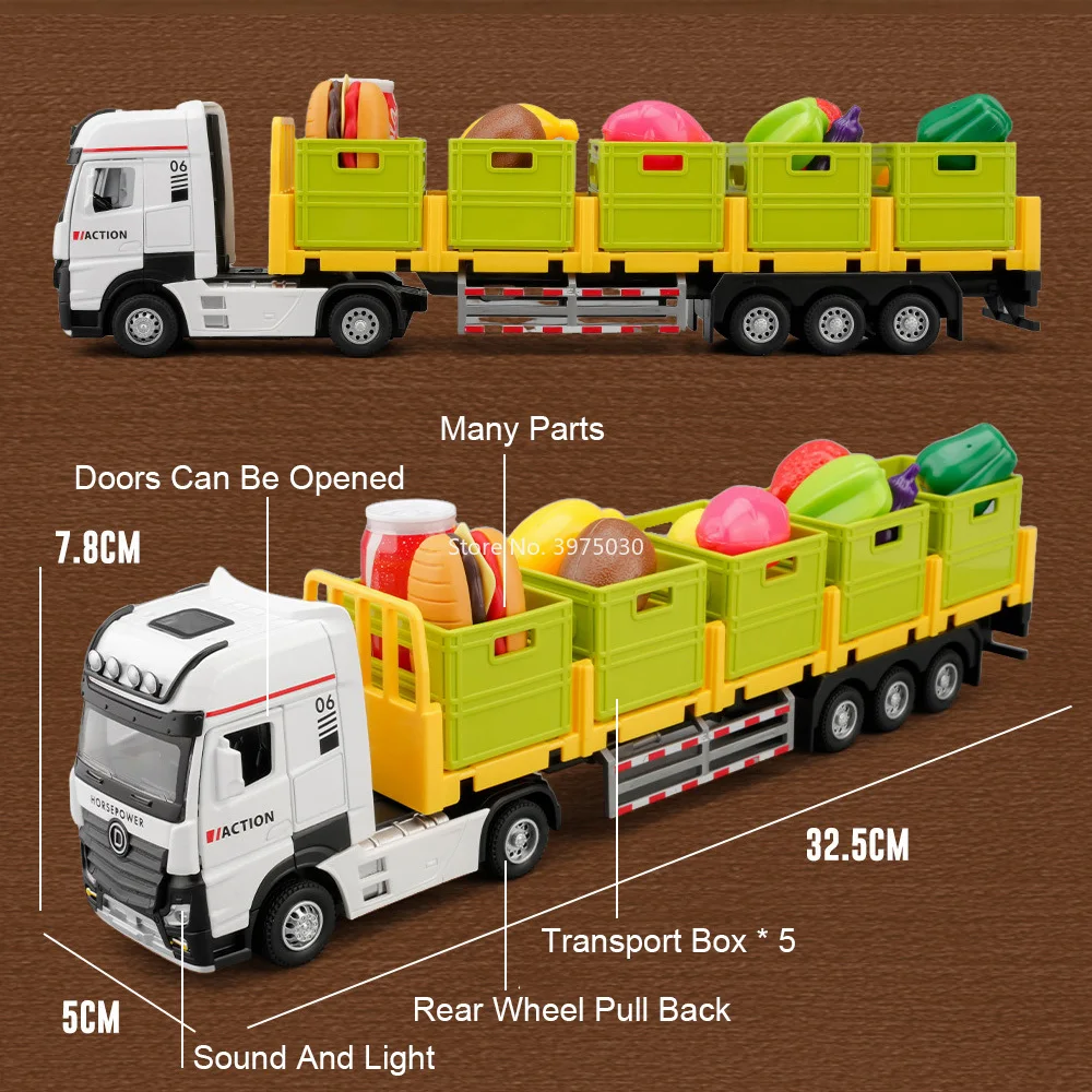 1:32 Alloy Trailer Transport Vehicle Cars Diecast Models Toys with Light Sound Wheel Pull Back Miniature Car Kids Birthday Gifts