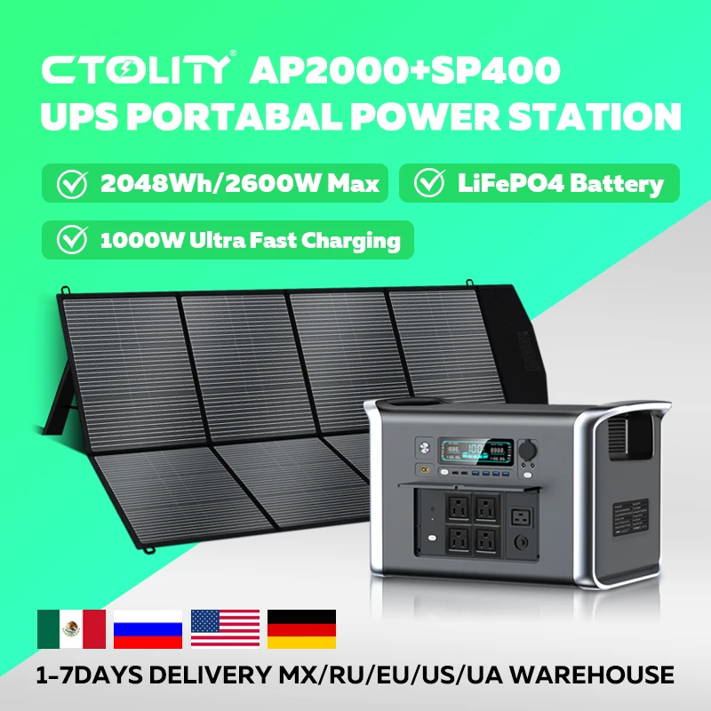 

CTOLITY AP2000 Солнечный генератор 2048 Вт Портативная электростанция 2400 Вт (солнечная панель 600 Вт в комплекте) Отключение электроэнергии, аварийный, автофургон, кемпинг