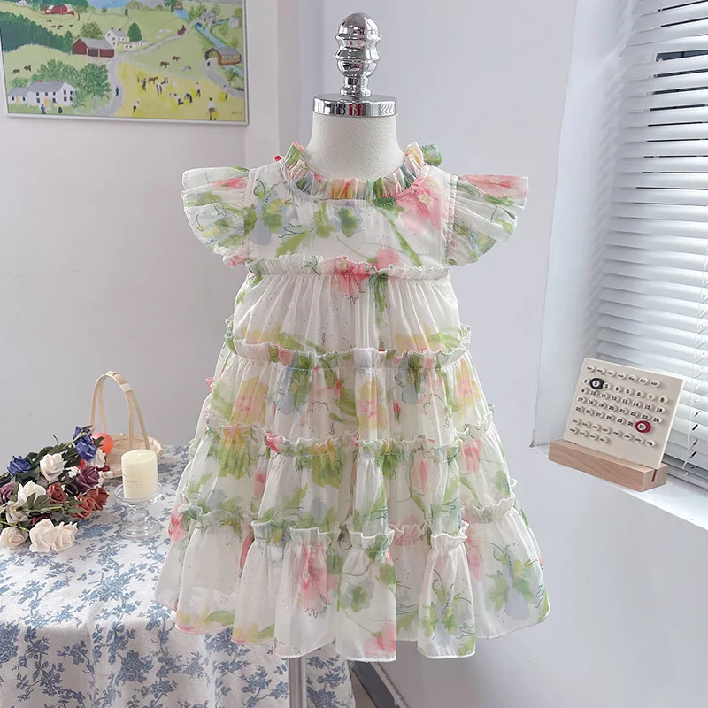 Children's Dress 2024 Summer New Korean Edition Chiffon Flying Sleeves Fragmented Cake Mesh Skirt for Girls