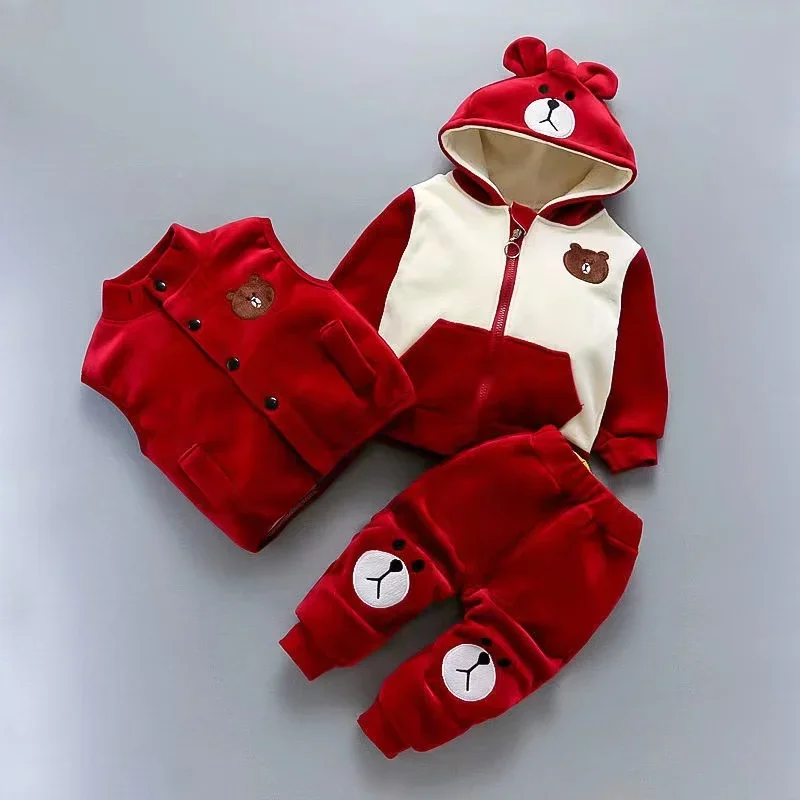 Cardigan Hooded Jacket+Vest+Pants Baby Plush Thickened Sweater 3PCS Suit Children\'s Clothing Autumn Winter Boys Girls Cotton Set