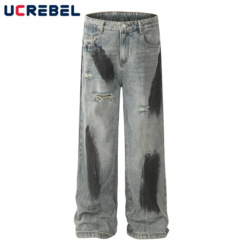 

Painted Ripped Jeans Mens Spliced Washed Distressed Straight Loose Wide leg Pocket Denim Pants Men Trousers