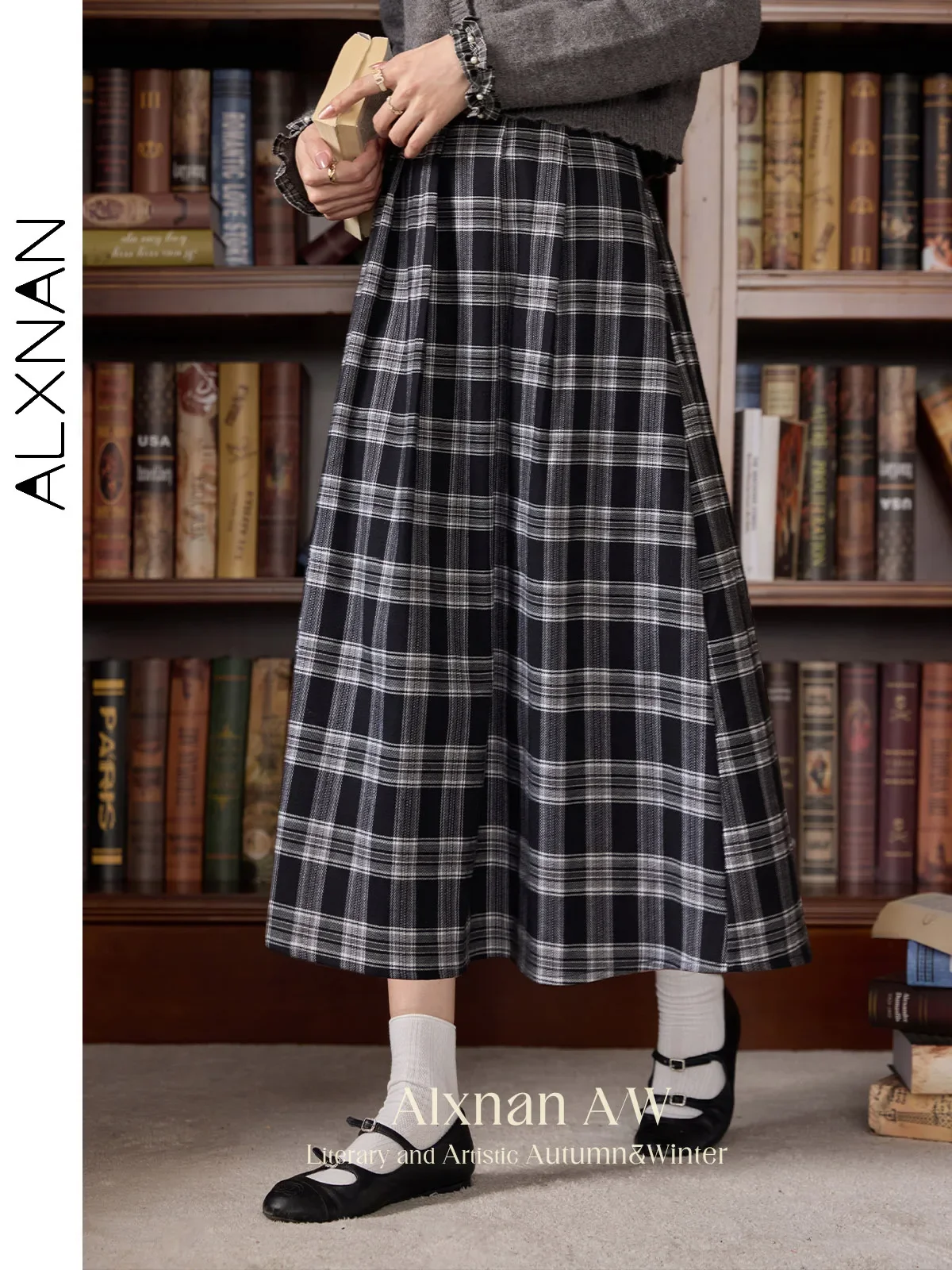 ALXNAN Women's Temperament Skirts 2024 Fall Winter All-match A-line High Waist Plaid Pleated Midi Skirt Sold Separately LXN31790