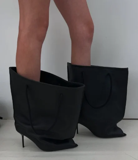 Black/red pocket sexy leather mid calf boots Women's pointy toe pull on pointy toe luxury designer 2025 winter new party shoes