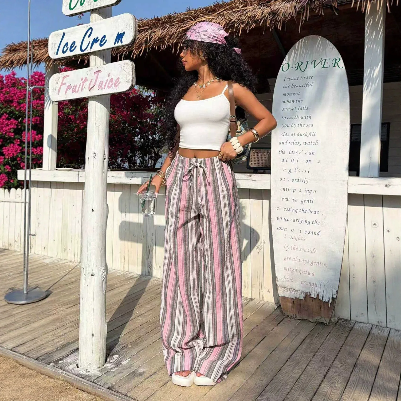 Women Striped Wide Leg Pants Drawstring Elastic Waist Loose Floor Length Trousers Casual Vacation Wear Versatile Fashion Pants
