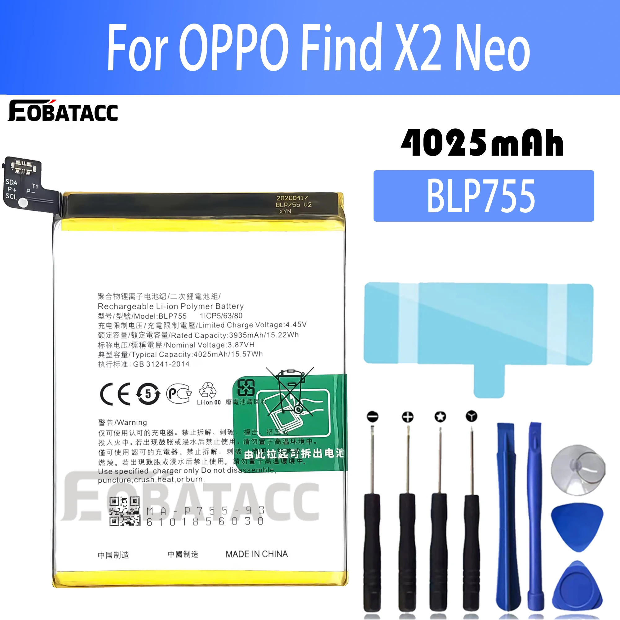 

100% New Original Battery BLP755 For OPPO Find X2 Neo Reno 3 5G Reno 3 Pro Battery + Free Tools