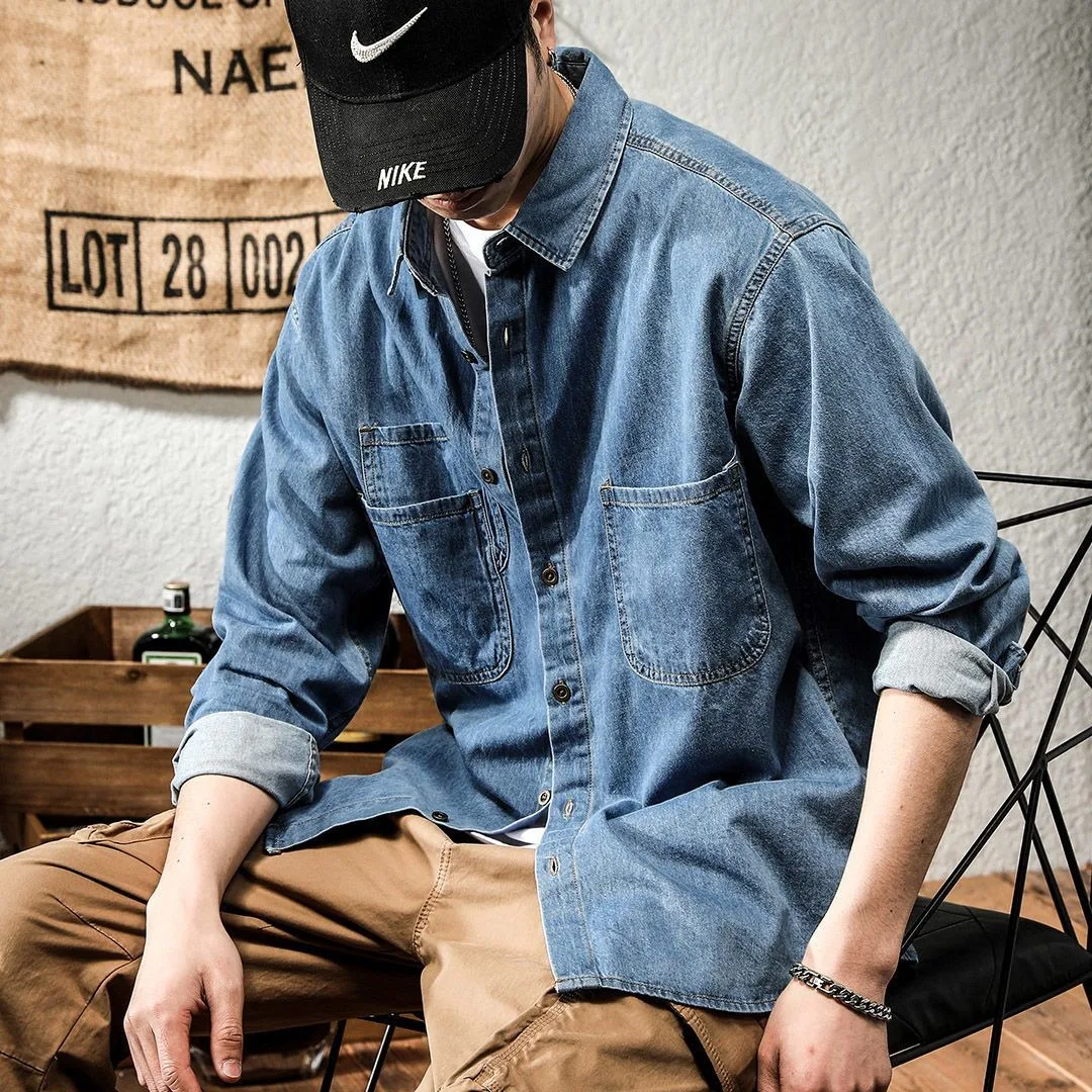 Primavera ruffian bonito denim ferramentas camisa de manga comprida masculina ins na moda versátil casual americano retro camisa jaqueta