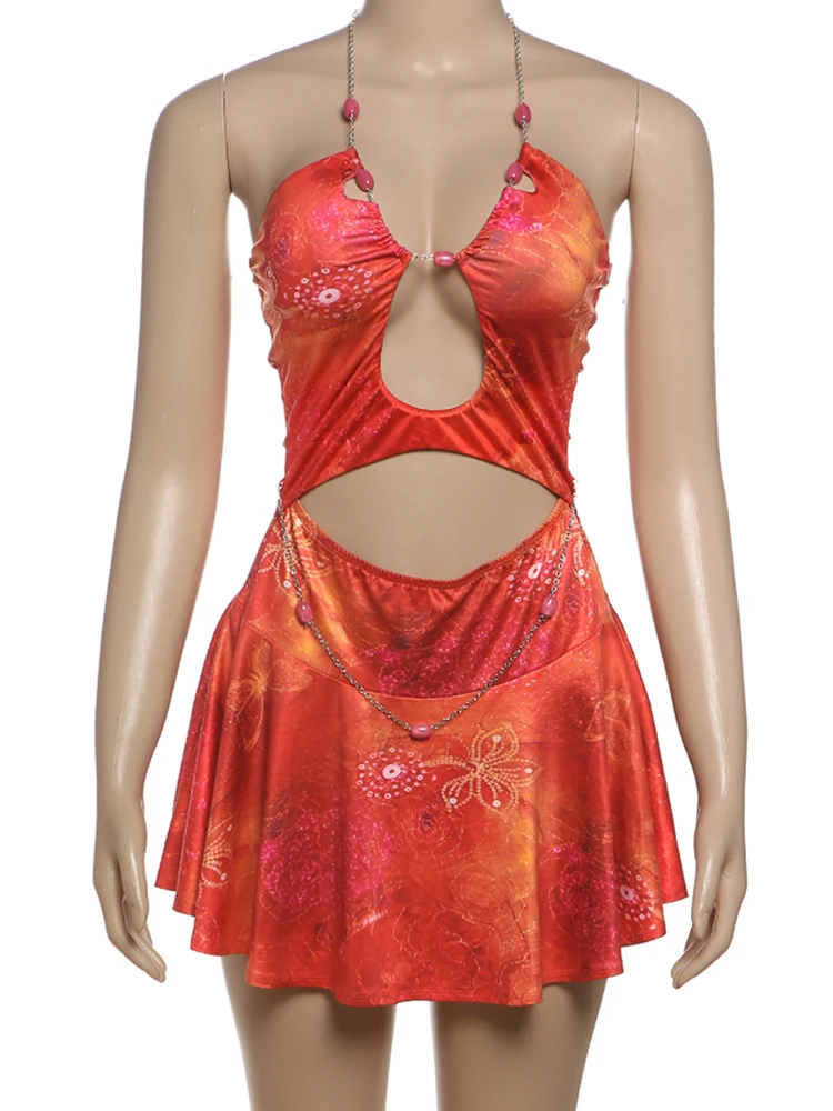 Nibber Wild Beads Catena Halter Dress Donna Moda Stampa Sexy Hollow Off Spalla Vacanza Beach Style Abiti eleganti increspati