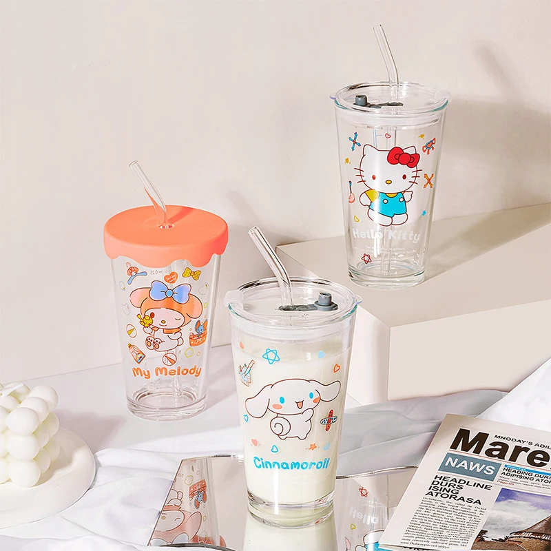 

Sanrio Hello Kitty Cinnamoroll Anime Kawaii Glass Straw Cup Girl Heart Cute Cartoon My Melody Milk Drink Juice Ins Cup Gifts