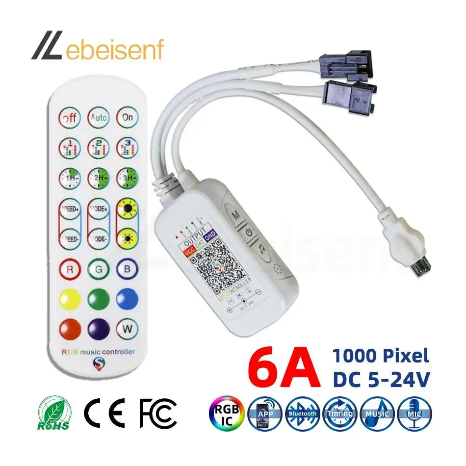 Bluetooth Smart Dual RGB Magic Color Controller DC5-24V 1000 Pixels Dimmer 24-Key Wireless IR Remote for WS2812B 2811 LED Strip