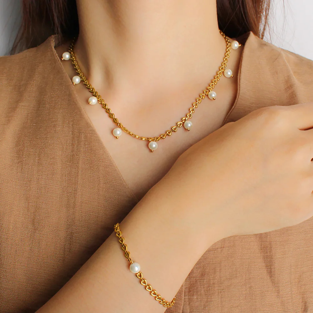 DIY accessories French retro pearl necklace bracelet women's light luxury high-end stainless steel jewelry set niche exquisite c