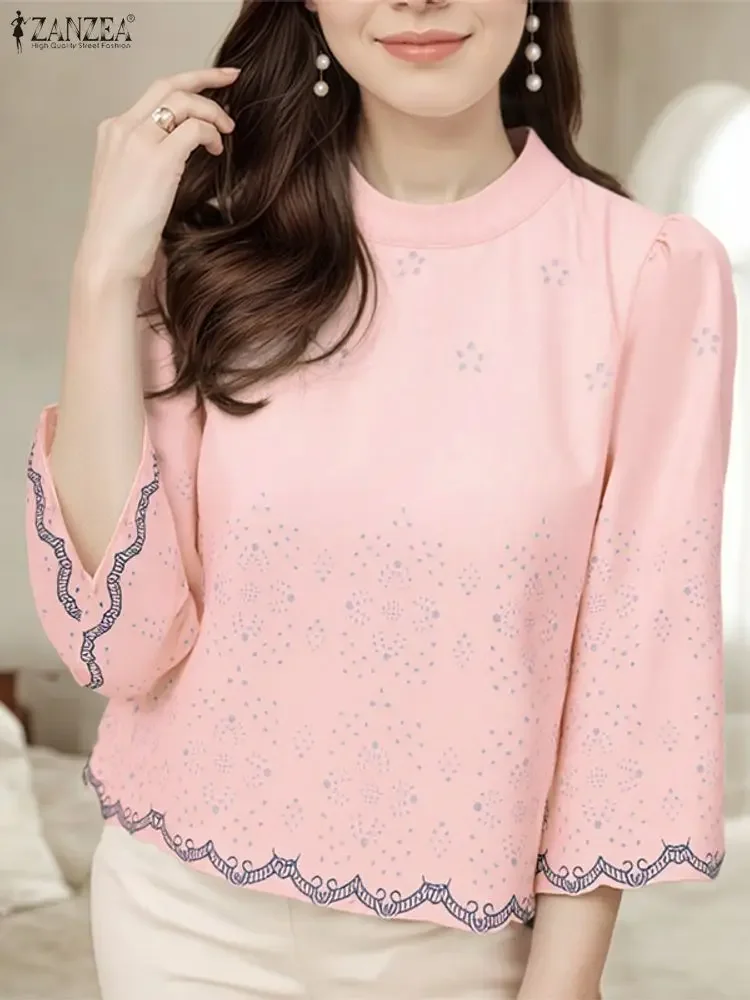 

ZANZEA, женские винтажные блузки с рукавами 3/4, рубашки с принтом, осень 2021, повседневные свободные блузки с воротником-стойкой, модные топы, элегантная туника OL