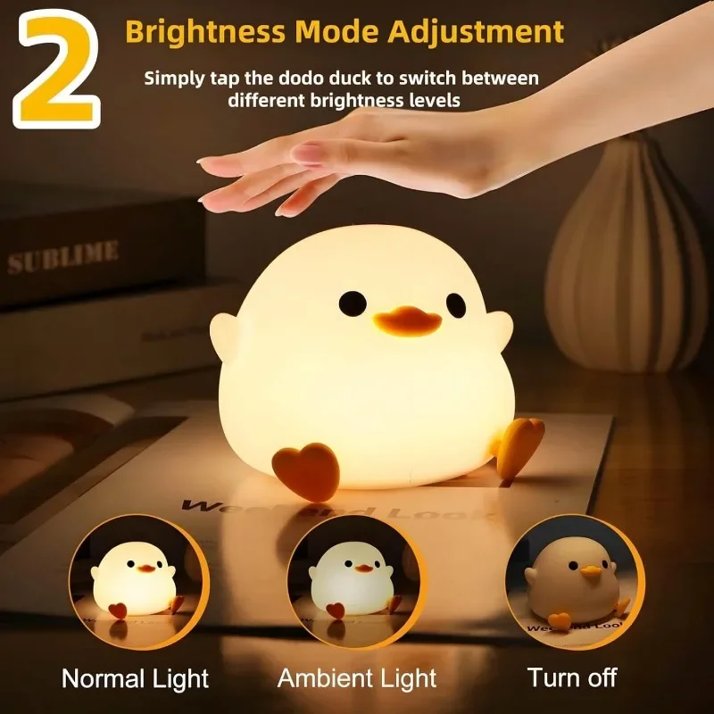 1pc Doudou Duck Night Light Children\'s Gift Soft Light Eye Care USB Rechargeable Tapping Silicone LED Lamp Bedside Lamp