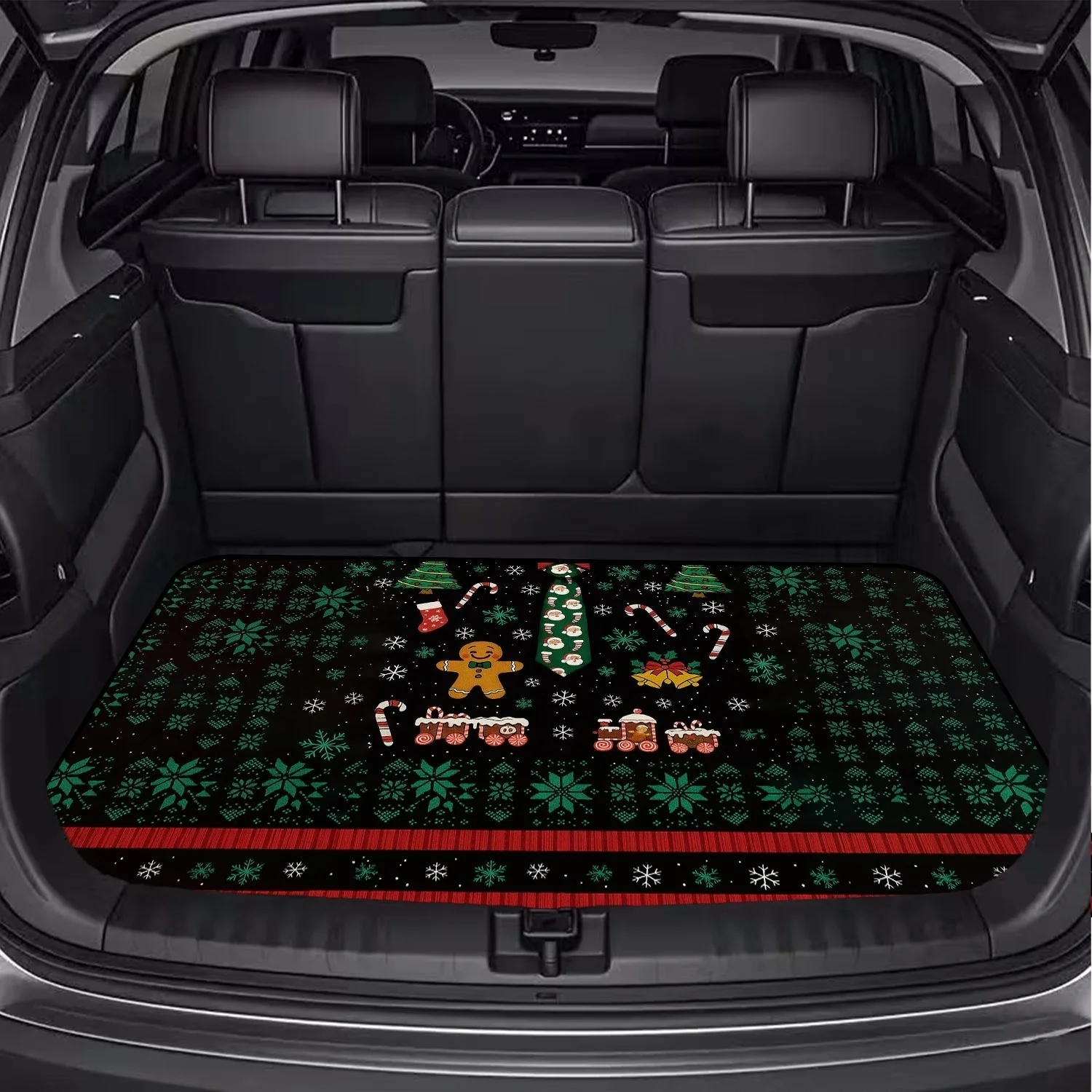 Car Trunk Mat, Black Background Christmas Gingerbread Man Candy Cane Snowflake Print Cargo Liner, Non-Slip Rear Trunk Protector, Women Car decor, Car Accessories, Interior Decoration Mat, Universal Fit For