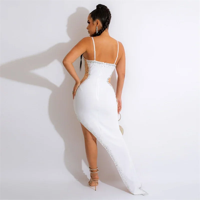 Sexy Kristall Strass Partei Abendkleider Frauen Hochzeit Elegante Mesh Sheer Patchwork Hohe Split Nachtclub Geburtstag Kleid