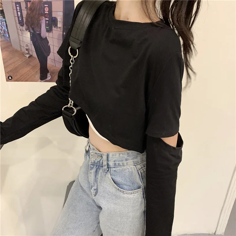 Long Sleeve T-shirts Women Patchwork Loose Crop Tops Hot Girls Casual Simple All-match Spring Ladies Chic Tees Camis Sets 2pecs