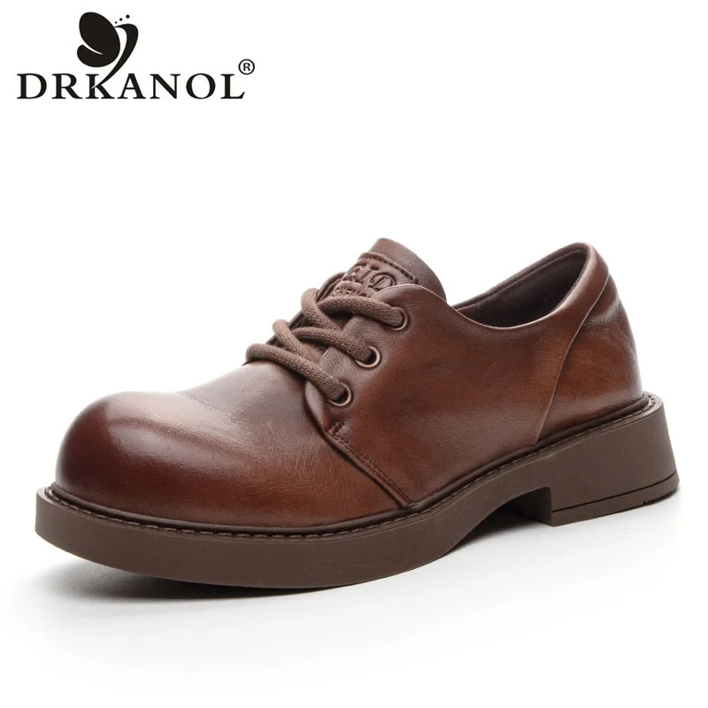 DRKANOL Handmade Retro Genuine Leather Oxford Shoes For Women Lace-Up Thick Heel Widening Design Big Toed Casual Shoes Footwear