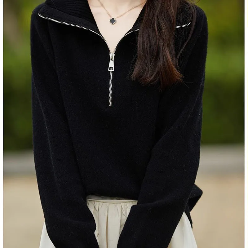 Women Fashion Simple Turn-down Collar Sweaters Autumn Winter Vintage Elegant Zipper Pullovers Casual Loose Wool Knitted Tops