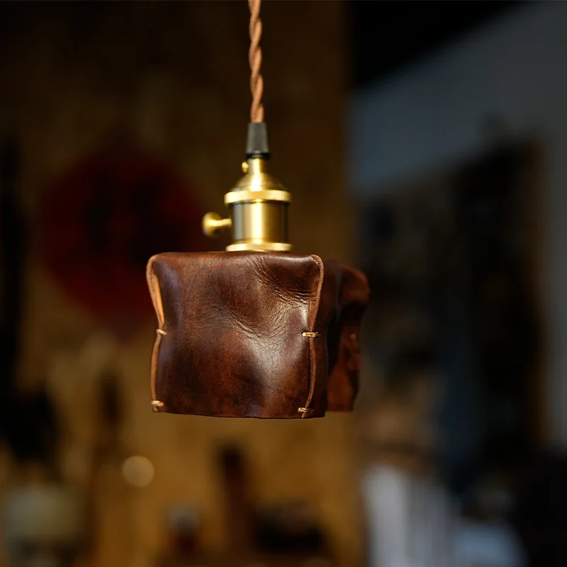 Wabi Sabi style retro cowhide handmade bedside hanging light coffee bar counter restaurant custom pendant light