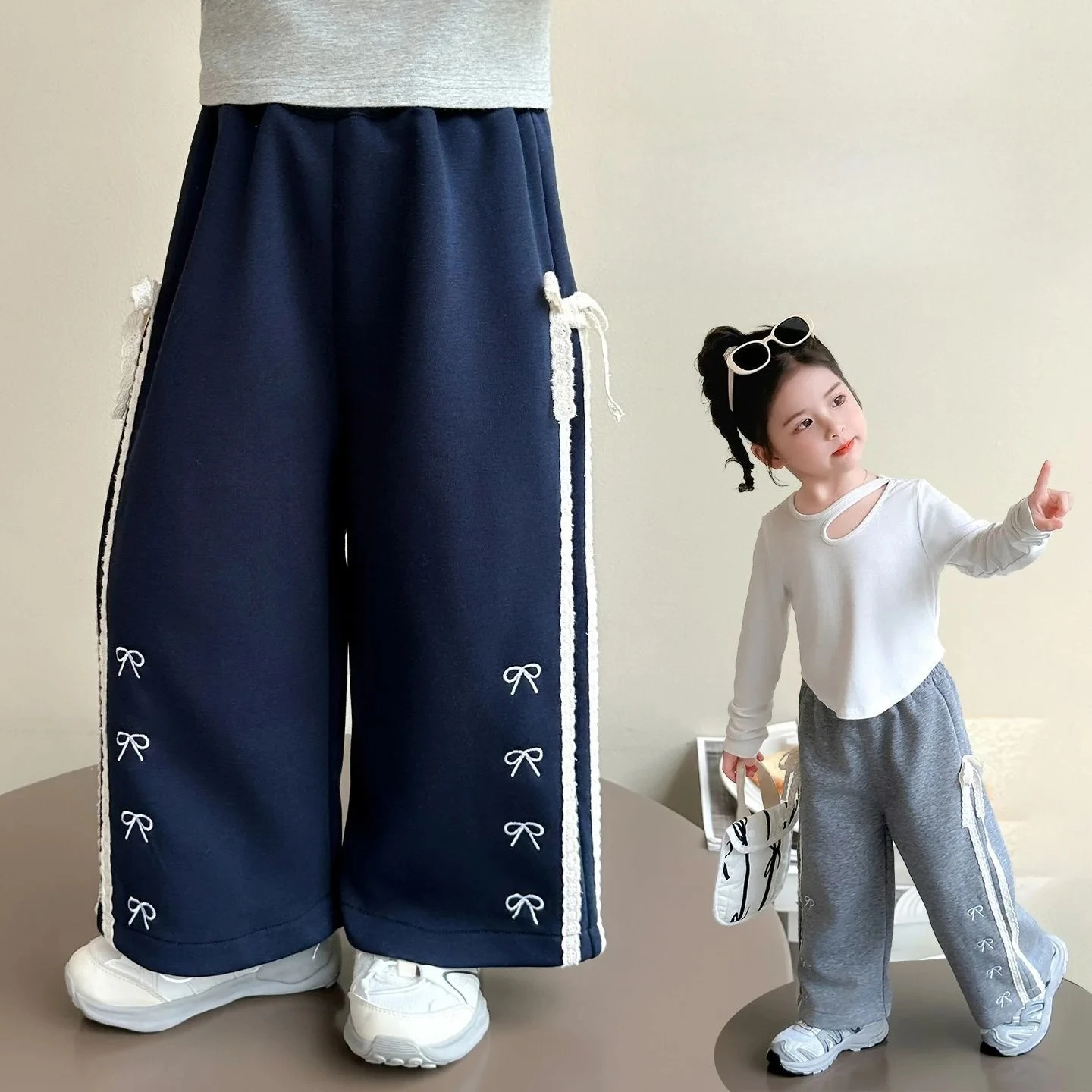 Girls Bow Detail Straight Leg Sweatpants – Korean Casual Pants for Toddlers, Cute Everyday Bottoms for Spring Autumn