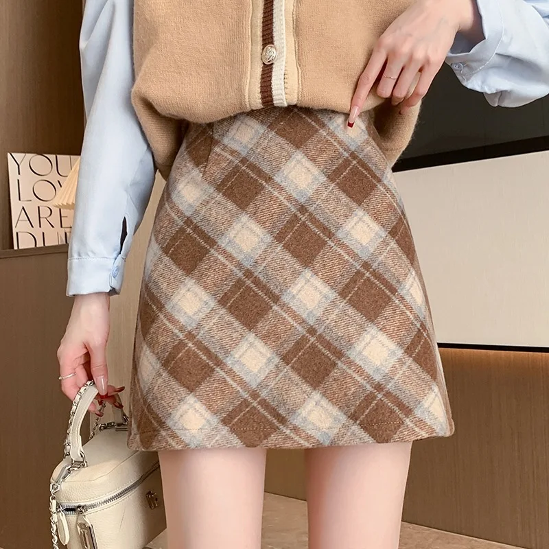 

Checked Skirt Women - Autumn Winter High-Waisted Slimming Wool Blend Vintage A-Line Skirt Petite Women Versatile Short Skirt