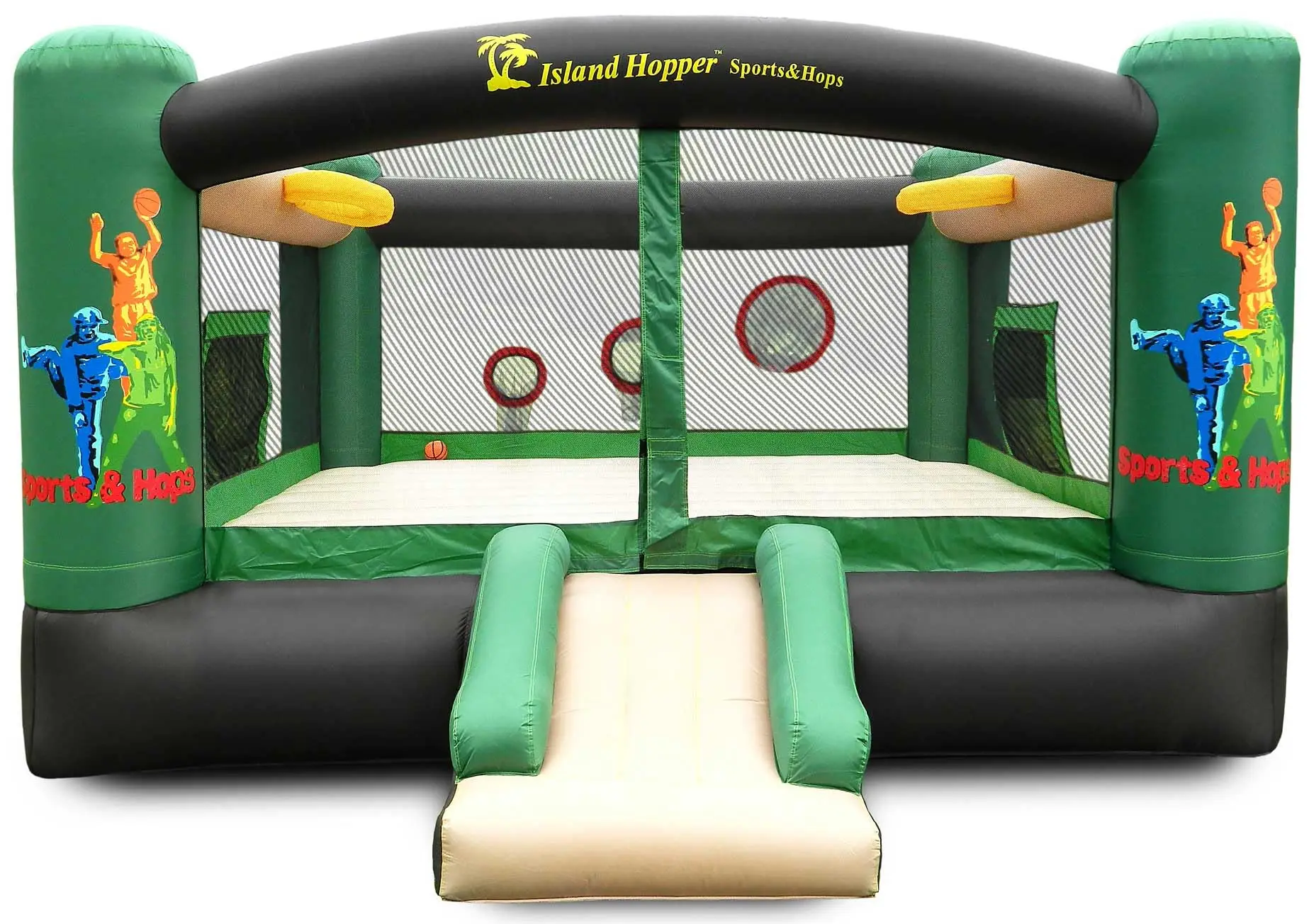 Sports & Hops Recreational Kids Bounce House with a Basketball Court Soccer Field Baseball & Football Throw Game and Large