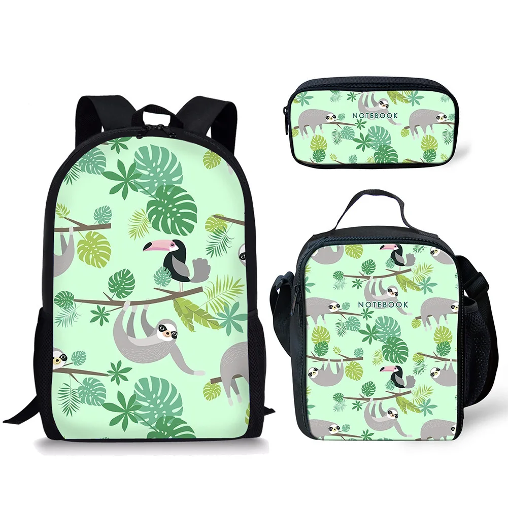 3Pcs/Set Cute Kawaii Sloth Printed Backpack Student Boys Girls School Bag Lunch Bag Pen Bag Teenager Daily Storage Backpack