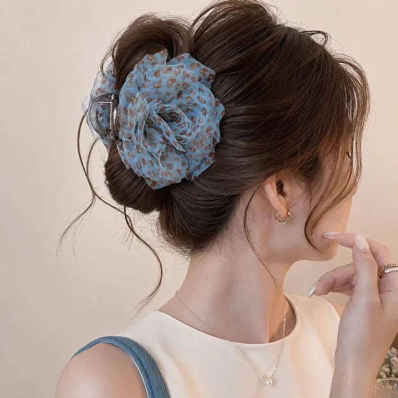 New Leopard Print Fabric Flower Claw Clip Vintage Beach Crab Hair Clips Hairpins Shark Clamp For Women Vacation Hair Accessories - view 3