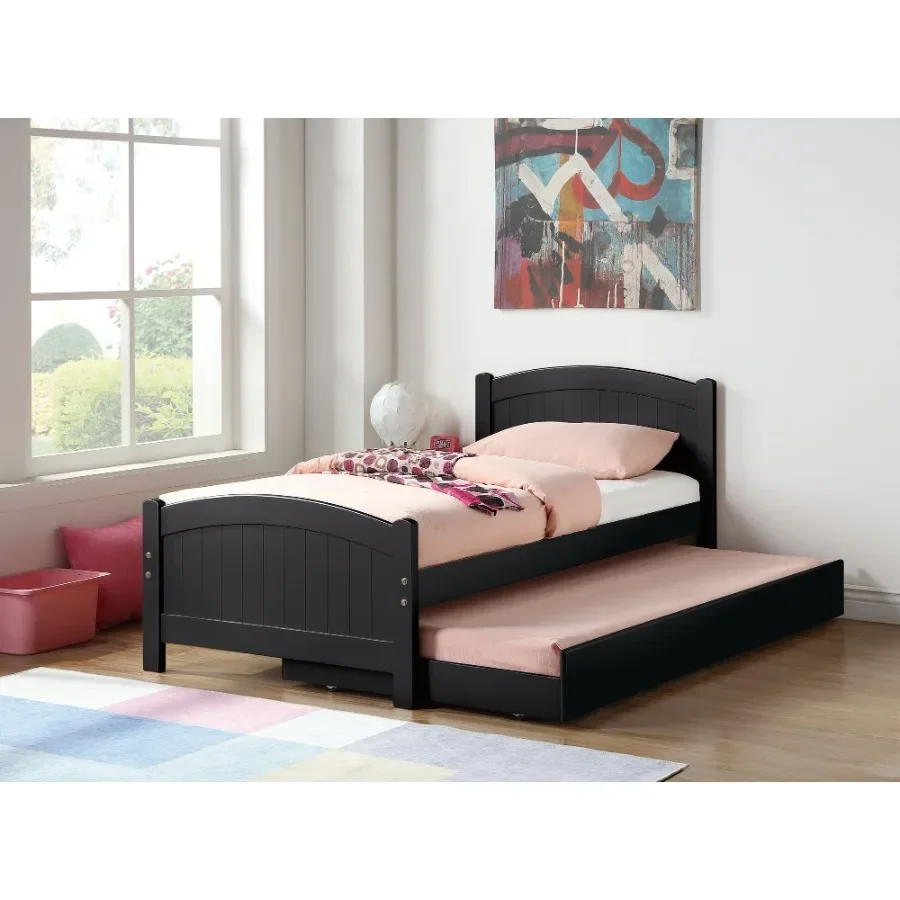 

Twin Size Bed w/ Trundle Slats Black Pine Plywood Youth Bedroom Furniture