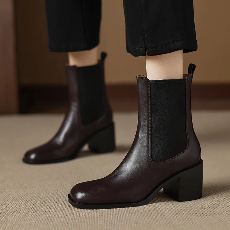Dilalula 2025 Genuine Leather Women Chelsea Ankle Boots High Chunky Heels Elastic Closure Office Lady Leather Short Boots Dress