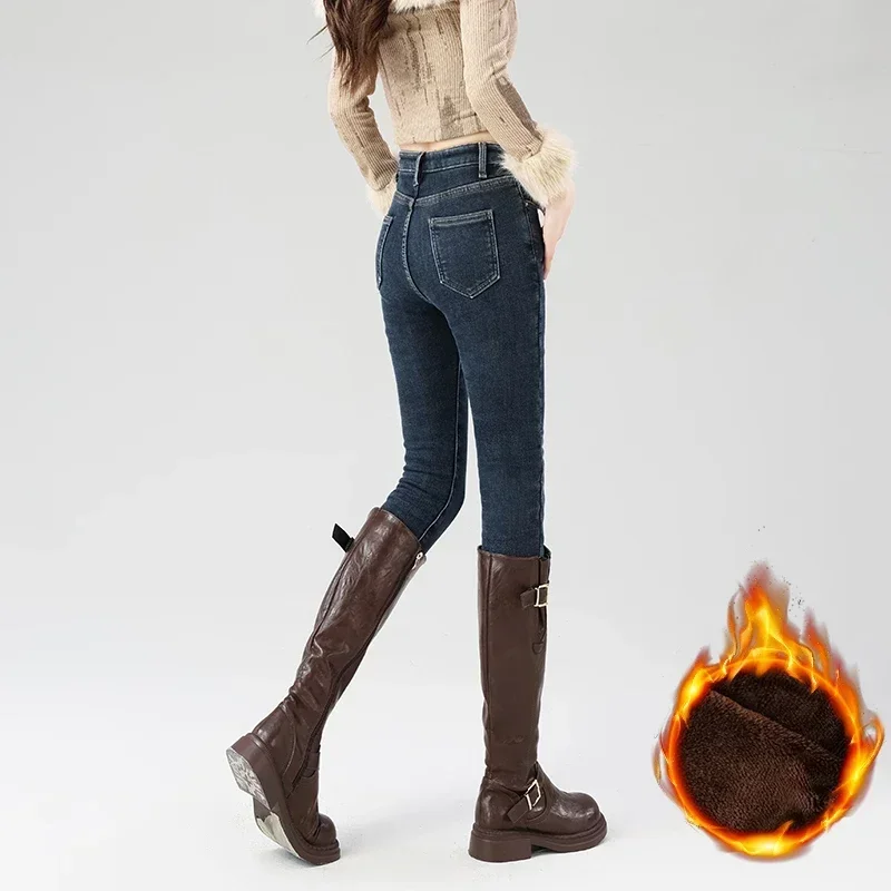 Frauen Fleece Warme Winter Jeans Verdicken Elastische Dünne Bleistift Hosen Mode Koreanische Dünne Plüsch Thermo Leggings Hosen – Detail 4