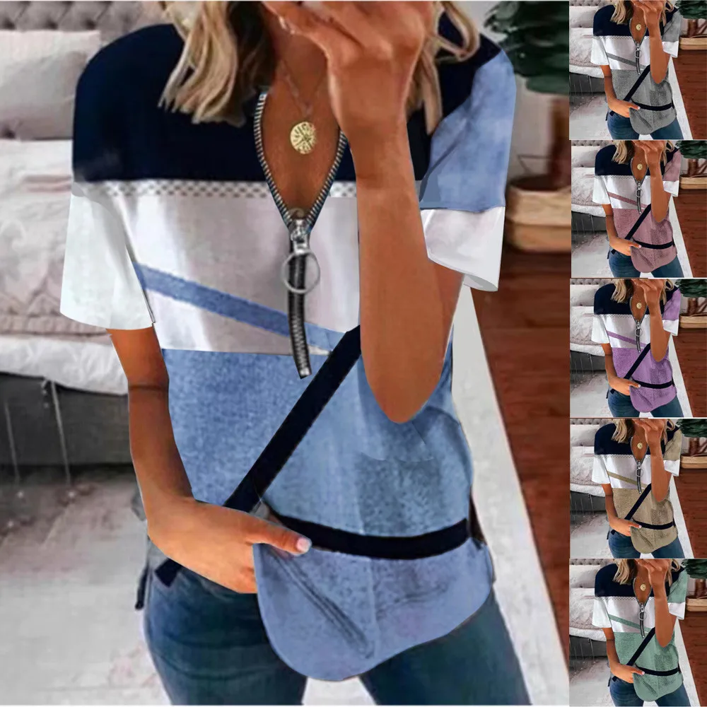 Woman's Tshirts Superior Quality spring/summer Zipper Loose Short Sleeve Printing Ladies Top Dropshipping Sale LDM20230206