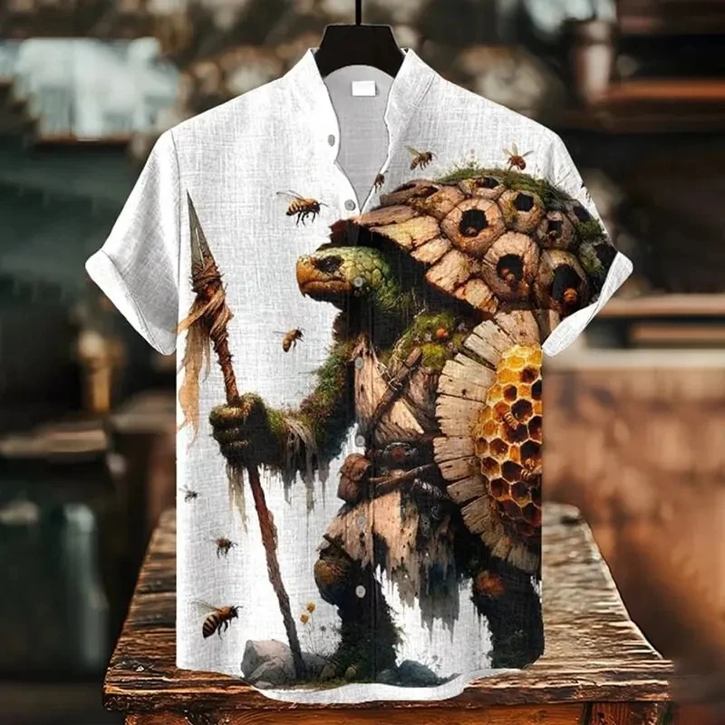 Men's new summer fashion cool black cat swordsman printed short-sleeved shirt vintage trend style