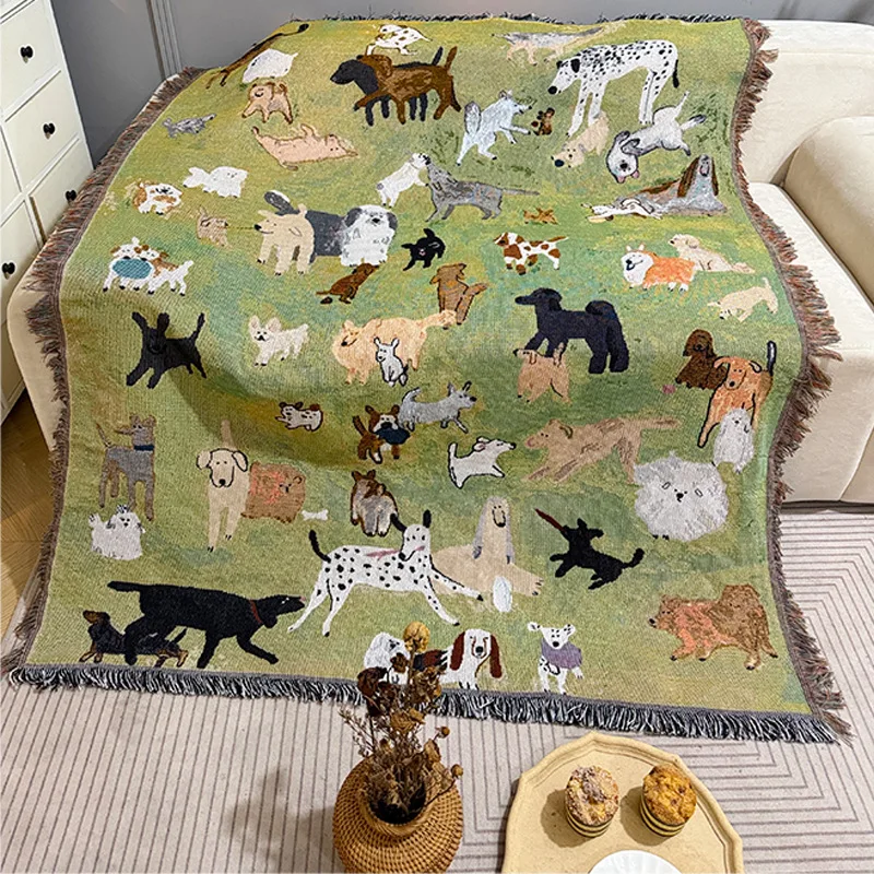 

Cute Dogs Park Woven Throw Blanket with Tassels Boho Dog Lovers Tapestry Blanket for Sofa Couch Bed Retro Pet Decorative Throw