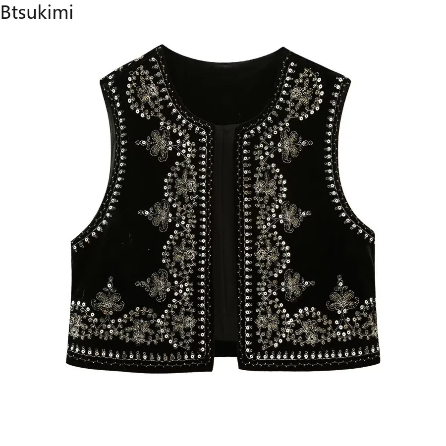 Ethnic Style Sequin Floral Embroidery Vest Tops Women's Fashion Vintage V-neck Sleeveless Outerwear Vest Chic Cardigan Waistcoat