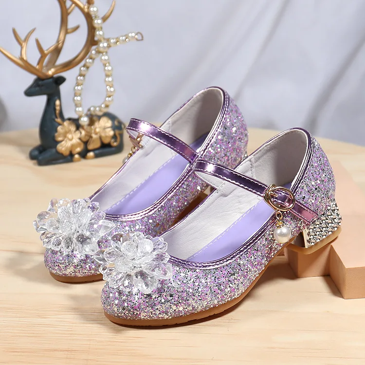

2025 New Four Seasons Model Children's High Heels Fashion Princess Girls Crystal Dress Shoes Soft Soles Kids Performance Shoes
