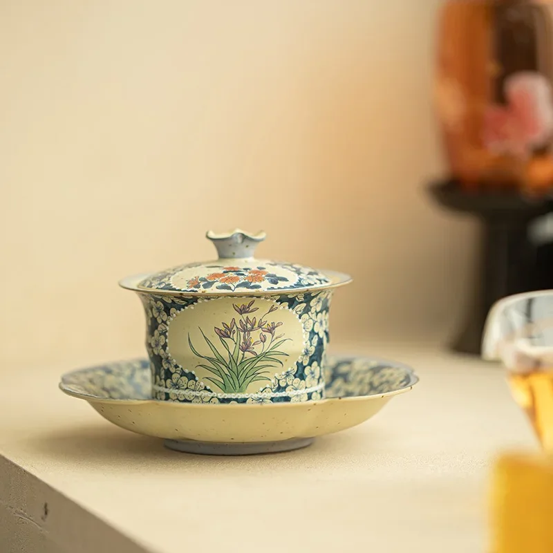 1PC 130ML Jingdezhen Guofeng Blue and White Window Flint Red Cover Bowl Sancai Tea Bowl Jingcha Bowl Ceramic Kung Fu TeaSet Gift