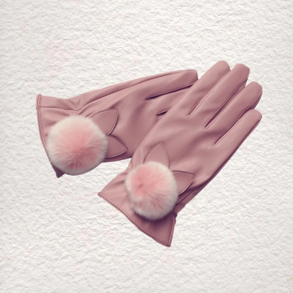 1Pair Thickened PU Gloves Pink Warm Winter Outdoor Sports Keep Warm Gloves Women Breathable Elastic Comfortable