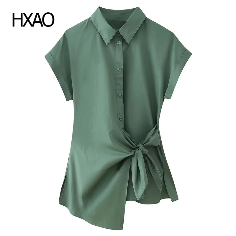 

HXAO Green Shirts Women's Blouses Short Sleeve Top Female Shirt Bow Fashion Blouse Elegant Chic Woman Shirts Streetwear 2024