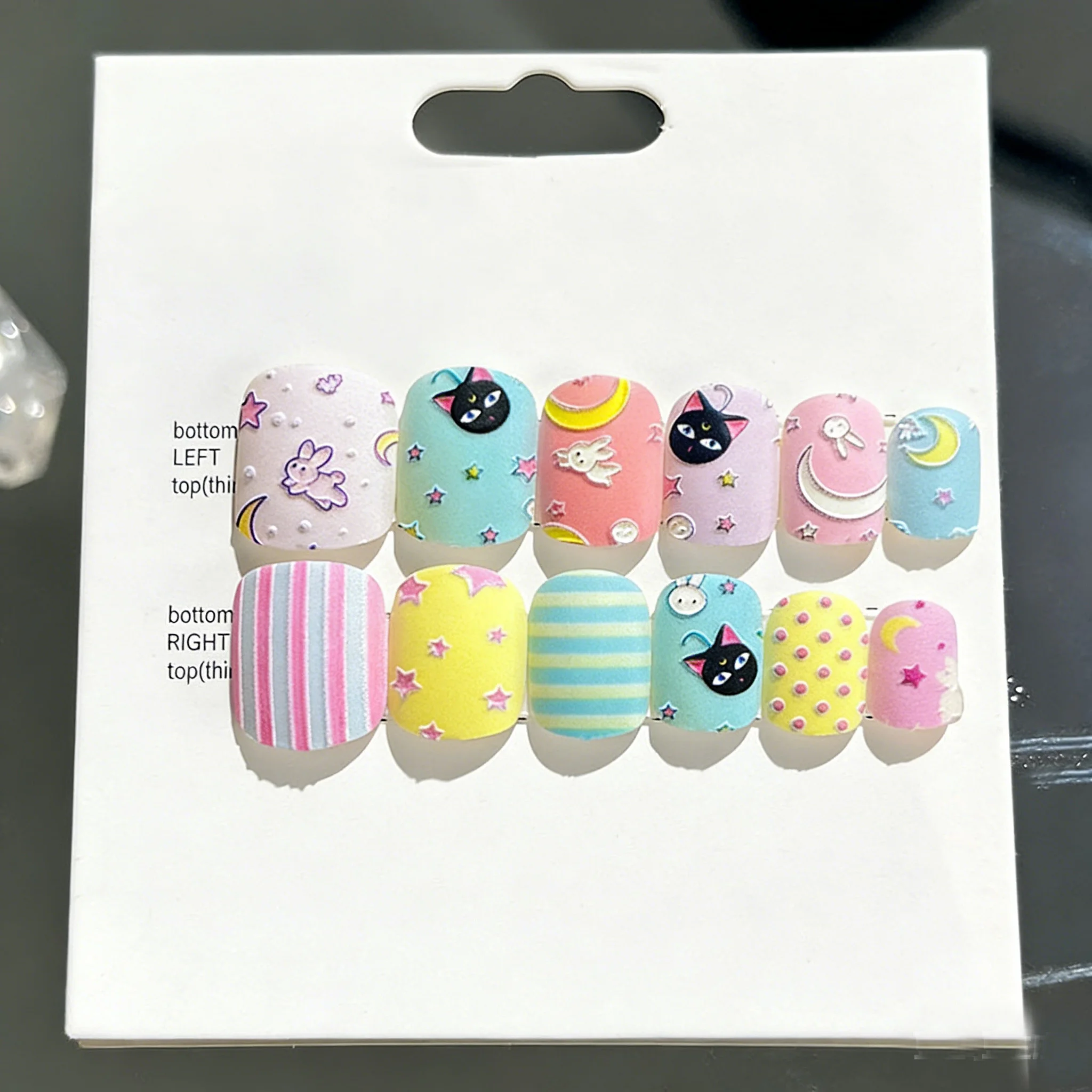 

24pcs Adult Embossed False Nails Colorful Moon Cat Design Press on Nail Short Oval Full Coverage Nail Tips for Women&Girl