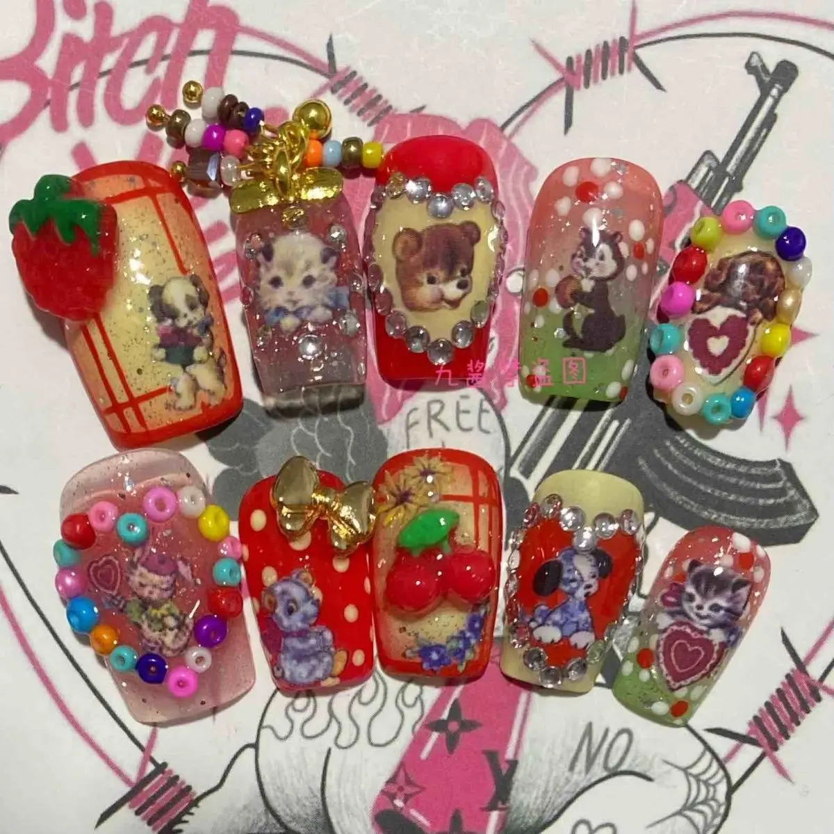 Showa Style Ancient Hot Girls Cute Cartoon Animal Ornaments Nail Art Press On Nails Handmade Nail Art Tools