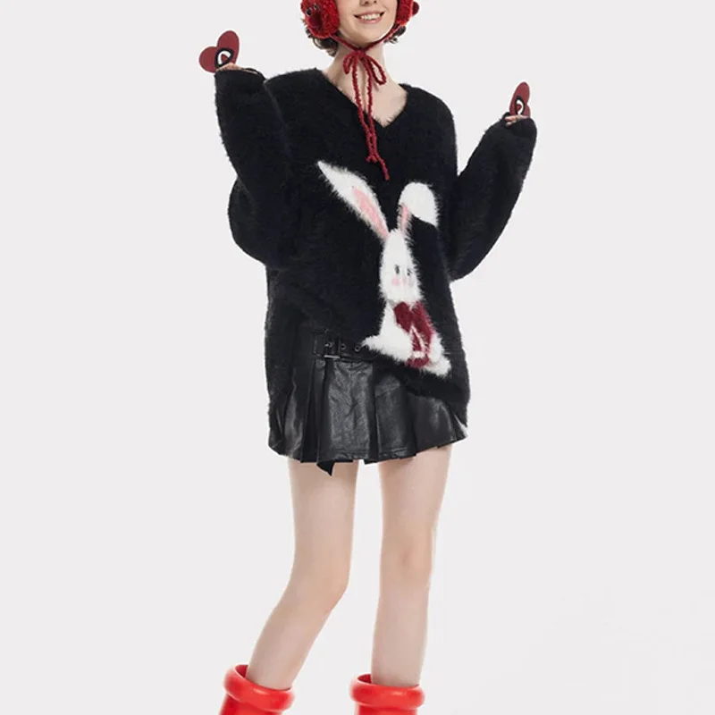 سترة محبوكة جديدة لخريف وشتاء 2025 على شكل أرنب لطيف كلاسيكي فضفاضة ومتعددة الاستخدامات برقبة دائرية   ﻿