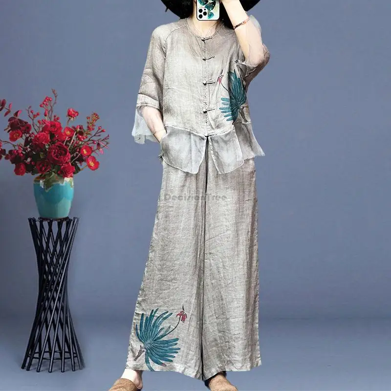 2023 summer chinese national style printed disc button stand collar ramie patchwork blouse long pants casual set female s335