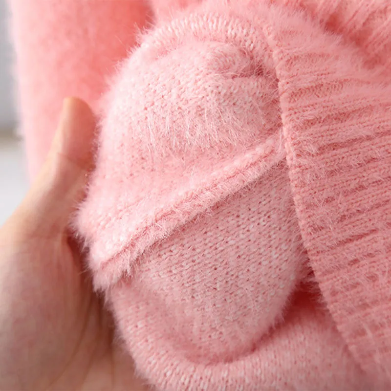 Girls Sweaters Baby Clothes Soft Smooth Flocking Pullover Bunny Bowtie Winter New Rabbit Children Knitted Sweater Child FY10201