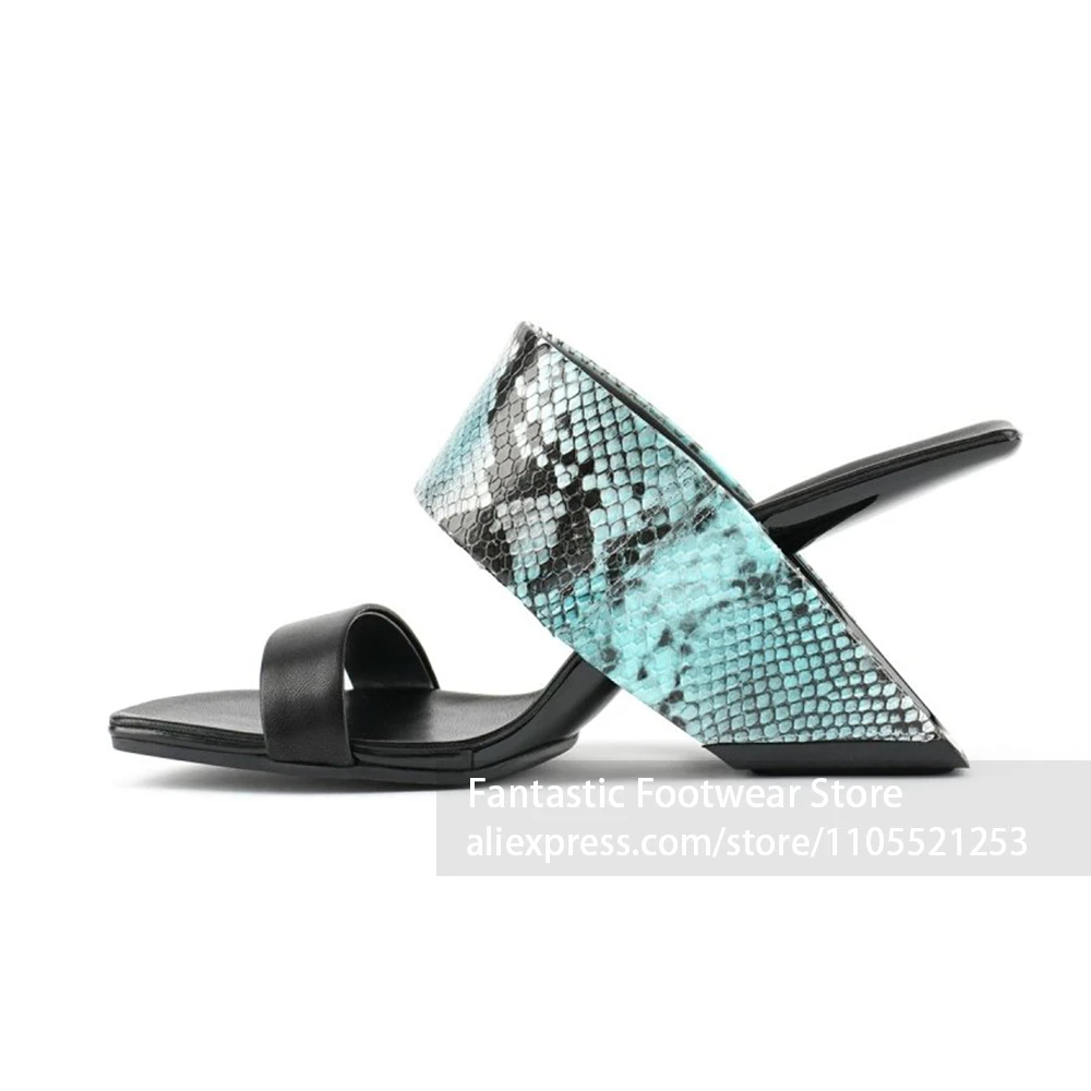 Special Cut-out Geometric Mules Square Open Toe Wedge Sandal Snake Skin Textured Surface Slide Sandals Slip-on Slide Design Mule