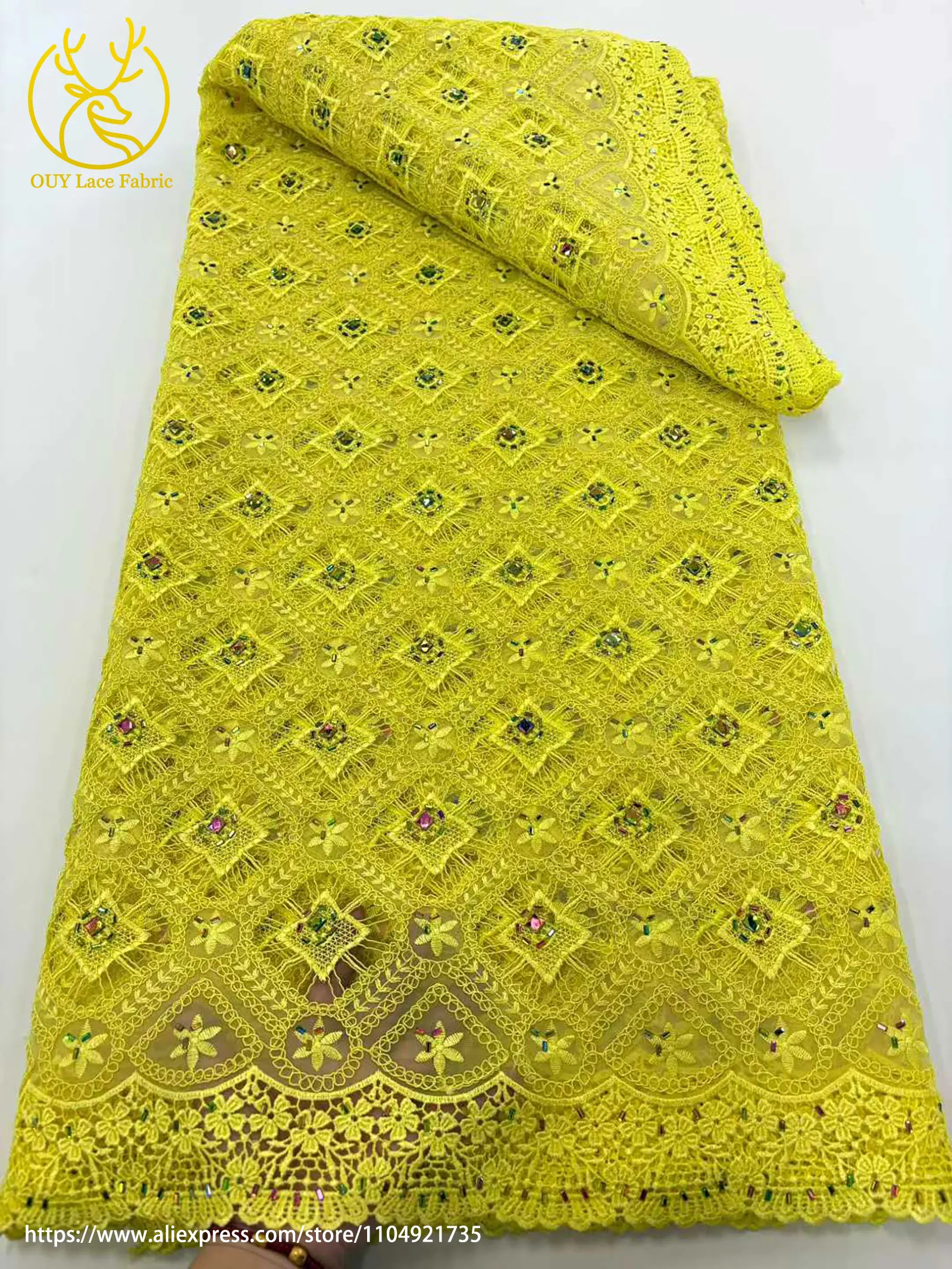 Neueste Elegante Afrikanische Guipure-Spitze mit Stickerei und Steinbesatz 2026 Hochwertige Nigerianische Abendkleider-Spitze für Partys – Detail 7
