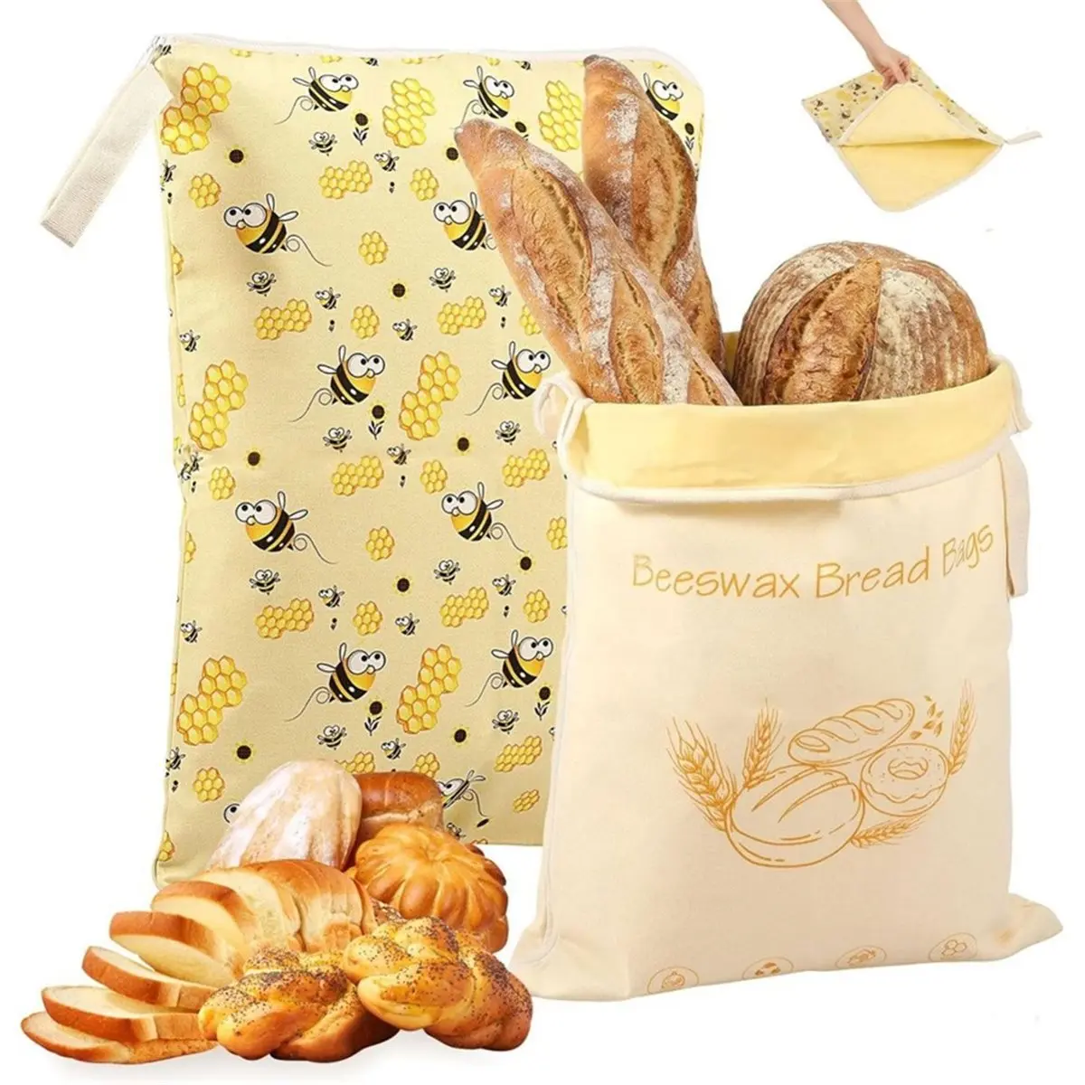 DT35BG Pack of 2 Beeswax Bread Bags Large 42 X 33 cm Bread Bag Beeswax L-Shaped Zip Handle Beeswax Bags for Bread