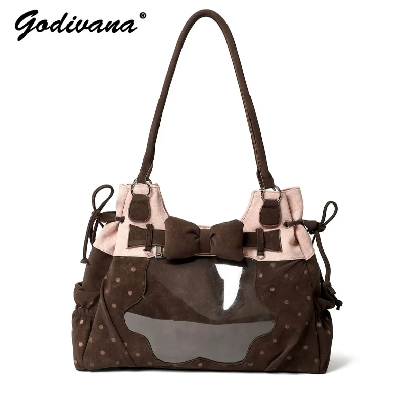 Original Cute Bow Polka Dot Color Block Tote Bag Girl Women's Large Capacity Shoulder Bag Sweet Cool Handbags