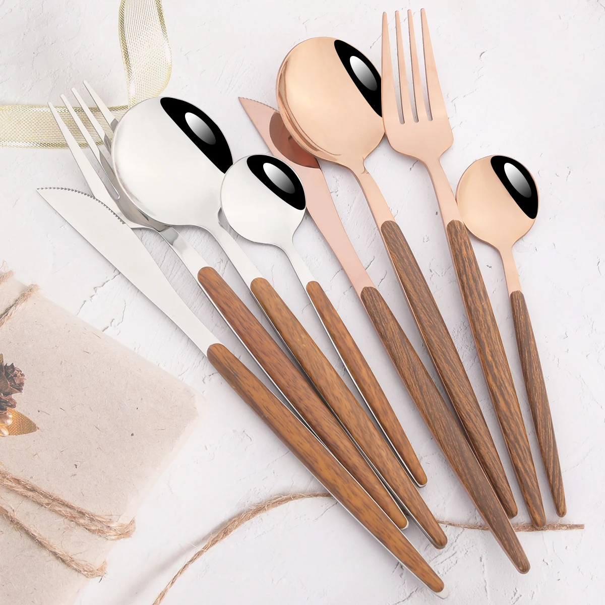 24Pcs Brown Rose Cutlery Set Stainless Steel Knife Forks Spoon Tableware Imitation Wood Handle Dinnerware Set Kitchen Silverware