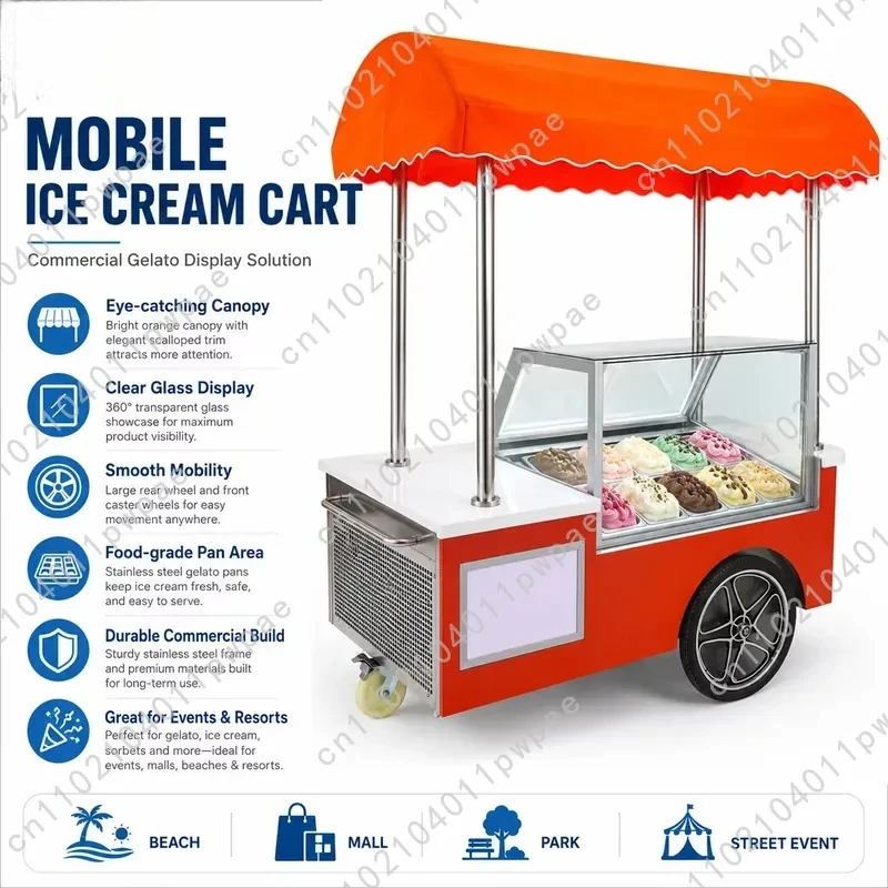 mobile ice cream trucks, covered countertop ice cream display cabinets, shopping mall catering service equipment