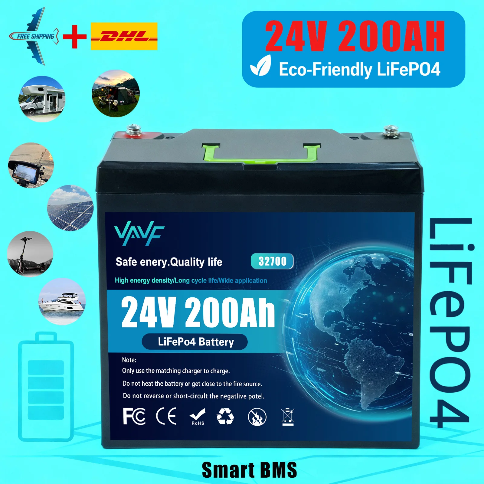 

Аккумулятор LiFePO4 24 В 200 Ач со встроенным BMS 8000+ циклов, идеально подходят для систем солнечной энергии, автофургонов Морские судолы, внедорожные поездки